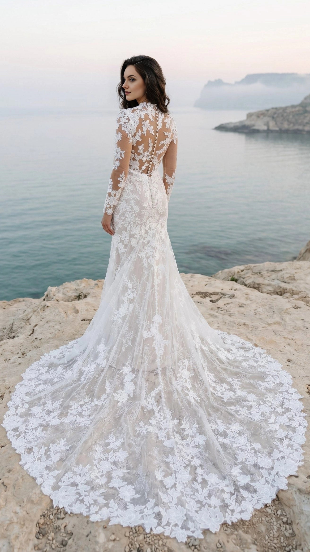 Vedress long sleeve lace mermaid wedding dress back view, sheer illusion back covered buttons cathedral train